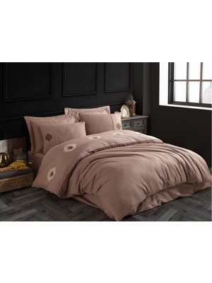 Elma Shop Elegant Nakışlı Pamuk Saten Çift Kişilik Nevresim Takımı Olimpos Kahve