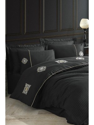 Elma Shop Elegant Nakışlı Pamuk Saten Çift Kişilik Nevresim Takımı Zeugma Siyah
