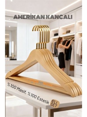 Lasvegas Ahşap Elbise Askısı - 6'lı Set, Lüks Amerikan Kancalı Gardırop Düzenleyici