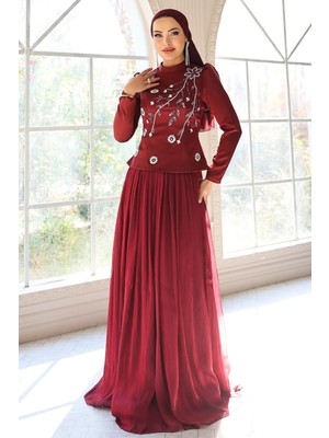 Olcay Önü Taş Işlemeli Saten Yoryo Ipek Kombinli Tesettür Abiye Elbise Bordo 1055