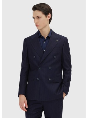 Ramsey Lacivert Çizgili Zeroweight Slim Fit %100 Yün Takım Elbise