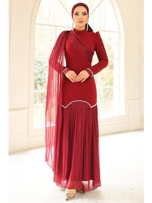 Olcay Inci Pilise Detaylı Krep Yoryo Ipek Kombinli Tesettür Abiye Elbise Bordo 1684
