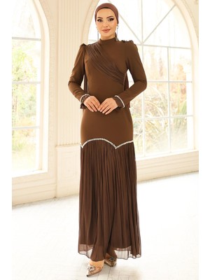 Olcay Inci Pilise Detaylı Krep Yoryo Ipek Kombinli Tesettür Abiye Elbise Kahve 1684