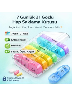 Coofbe Haftalık Ilaç Saklama Kutusu 21 Gözlü Kilitli Kapaklı Hap Ilaç Vitamin Saklama Kutusu Kabı