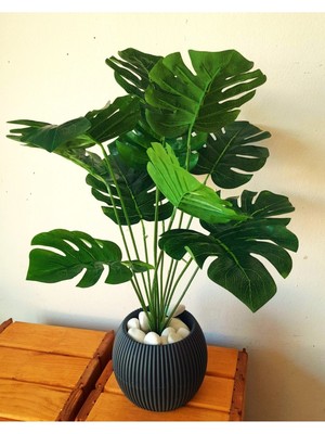 Saksıda Devetabanı Monstera Yapay Çiçek 12 Dal 60 cm Salon Çiçeği