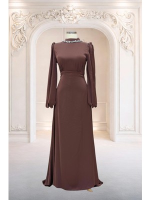 Amine Hüma Rüya Abiye Elbise Kahverengi