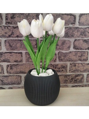 Yapay Islak Doku Kadife Lale 8 Adet Antrasit Gri Saksıda Lale Çiçeği