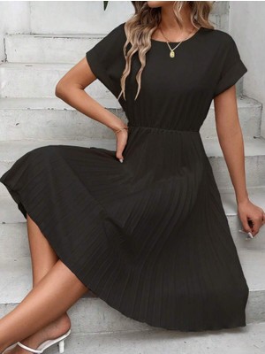 Dua Giyim Kadın Kısa Kollu Yakası Açık Belden Lastikli Pileli Kısa Ithal Krep Elbise