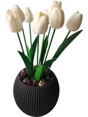 Yapay Islak Doku Kadife Lale 8 Adet Antrasit Gri Saksıda Lale Çiçeği