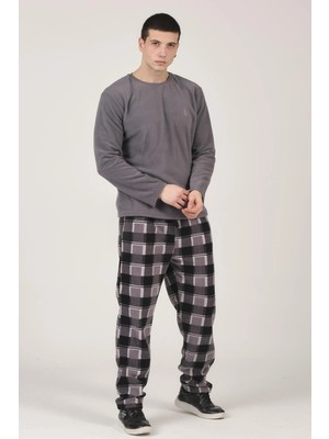 Dofi Erkek 1739 Ekoseli Polar Pijama Takımı Rahat Kesim - Lacivert / GRİ