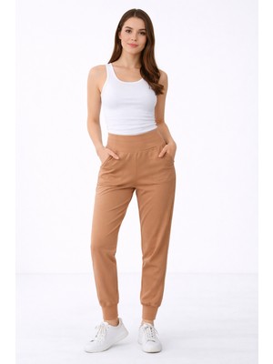 POLYMOOD Kadın Kahverengi Yüksek Bel Çift Cepli Esnek Eşofman Altı Jogger