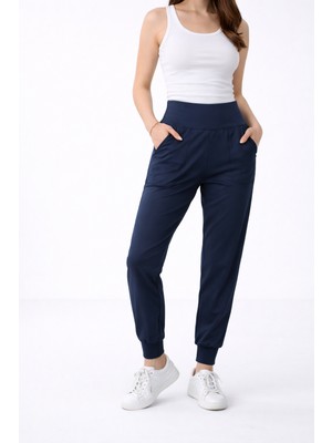 POLYMOOD Kadın Lacivert Yüksek Bel Çift Cepli Esnek Eşofman Altı Jogger