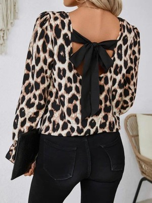 Mareandpanda Kadın Uzun Kollu Arkadan Fiyonk Detaylı Leopar Desenli Süprem Bluz