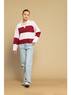 Nisan Triko Blok Çizgili Polo Yaka Kazak
