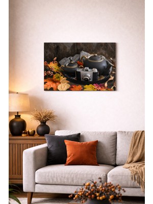 Arvion Vintage Kamera ve Çay Takımı Sonbahar Temalı Dekoratif Cam Tablo