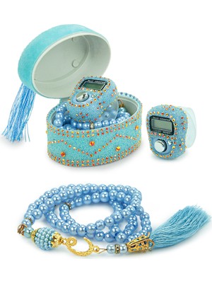 İhvan Online Allah Lafızlı Taş Süslemeli Püsküllü Kutulu Zikirmatik ve Inci Tesbihli Mevlüt Hediye Seti Mavi