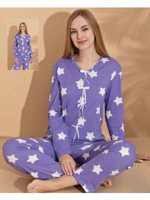 Eta Yıldız Desenli Düğmeli Uzun Kollu Kadın Pijama Takımı
