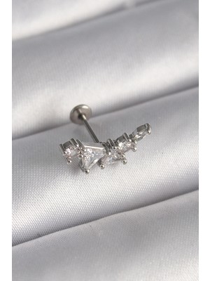Tiklad 316L Çelik Gümüş Renk Zirkon Taşlı Tragus Piercing