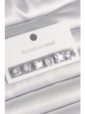 Tiklad 316L Çelik Gümüş Renk Kare Zirkon Taşlı Kadın Küpe Seti