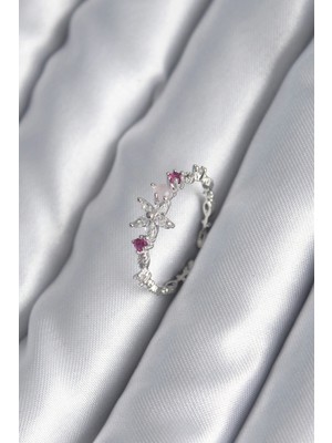Tiklad Pirinç Gümüş Renk Zirkon Taşlı Çiçek Model Pembe Zirkon Taş Detay Kadın Yüzük