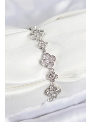 Tiklad Pirinç Zirkon Taşlı Yonca Model Gümüş Renk Vıp Seri Kadın Bileklik