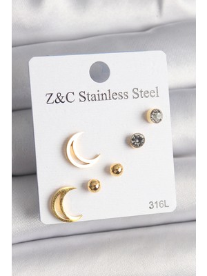 Tiklad 316L Çelik Gold Renk Zirkon Taşlı Hilal Model Kadın Küpe Seti