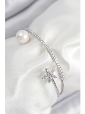 Tiklad Pirinç Zirkon Taşlı Yıldız ve Inci Model Gümüş Renk Kadın Bileklik