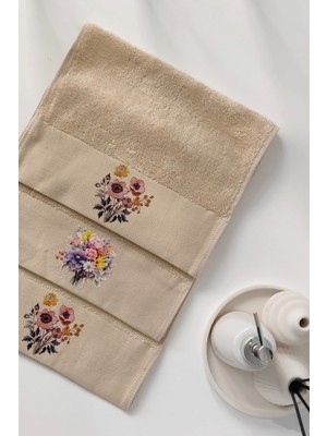Sevim 3'lü Baskılı Mutfak Havlu Takımı - Bej Renk Bambu El Havlusu Seti - Dijital Baskılı - 30 x 50  cm  - Çiçek Bahçesi