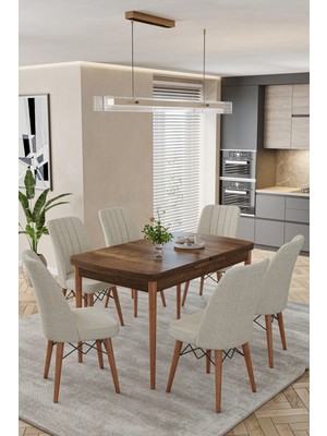 Karba Ceviz 80X132 Açılabilir Sunta Masa Yemek Odası Takımı, Mutfak Takımı 6 Adet Sandalye