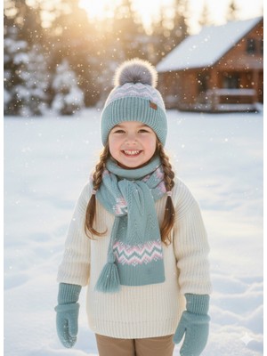 Kitti 4-8 Yaş Kız Çocuk Atkı Bere Eldiven Üçlü Takım Set