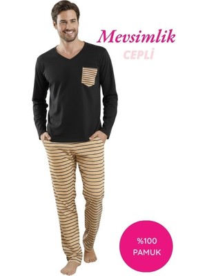 Bie's Siyah Erkek Desenli Düğmesiz V Yaka %100 Pamuk Mevsimlik Uzun Kol Cepli Pijama Takımı