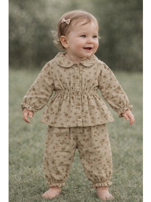 Baby Hola Çiçek Desenli Müslin Kız Bebek Üst ve Pantolon İkili Set Takım Babyhola 2013