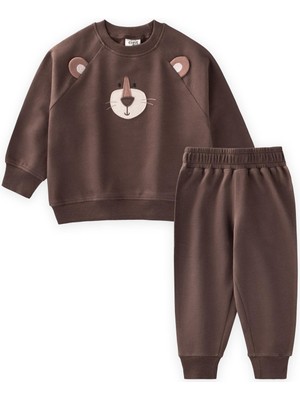 Cigit Ayı Aplikeli Sweatshirt Takım 0-5 Yaş Kahverengi