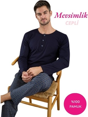 Bie's Lacivert Erkek Ekose Desen %100 Pamuk Mevsimlik Uzun Kol Cepli Pijama Takımı