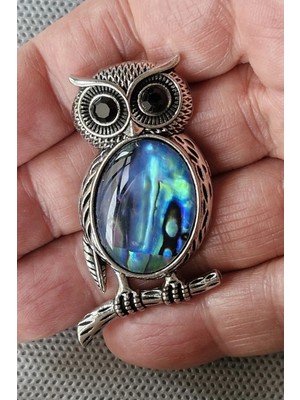Pozitif Doğal Taş Abalon Shell Baykuş Motifi Sedef Broş BR10-3