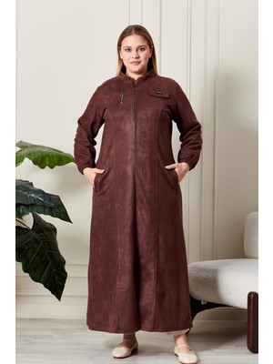 FERACE Kadin Buyuk Beden Tesettur Süet Kap Pardesü Boydan Göğsü Fermuarlı Uzun Tesettur Süet Pardesu