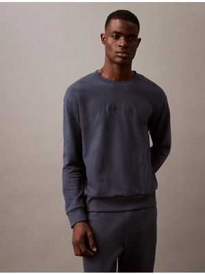 Calvin Klein Erkek Sıfır Yaka Baskılı Rahat Kesim Günlük Mavi Sweatshirt 000NM2708E-PPK