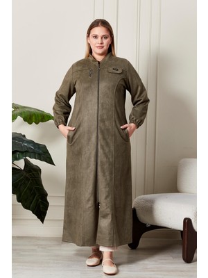 FERACE Kadin Buyuk Beden Tesettur Süet Kap Pardesü Boydan Göğsü Fermuarlı Uzun Tesettur Süet Pardesu