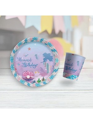 Deniz Kızı Temalı Karton Tabak Bardak Set 8 Tabak 8 Bardak