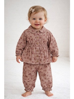 Baby Hola Çiçek Desenli Müslin Kız Bebek Üst ve Pantolon İkili Set Takım Babyhola 2013