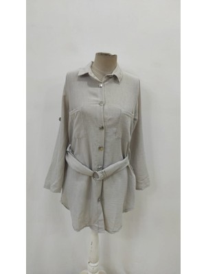 Moda Loris Kadın Uzun Kollu Yakalı Önden Düğmeli Beli Kuşaklı Mini Ithal Keten Elbise
