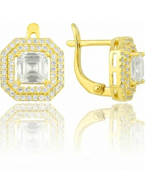 Söğütlü Silver 925 Ayar Gümüş Küpe Altın Kaplama Özel Tasarım Baget Kesim Zirkon Taşlı Klipsli Küpe SGTL13202GOLD