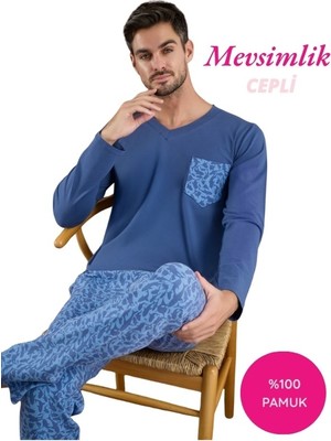 Bie's Mavi Erkek Desenli Düğmesiz V Yaka  %100 Pamuk Mevsimlik Uzun Kol Cepli Pijama Takımı