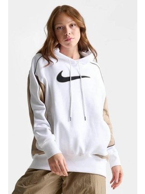 Nike Fleece Overssize Pullover Women's Hoodie Kadın Oversize Kapüşonlu Sweatshirt Beyaz