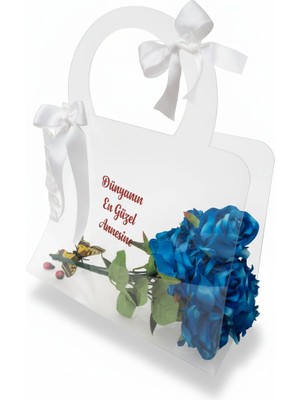 Dünyanın En Güzel Annesine Hediyelik Şeffaf Çantada Yapay Çiçek Demeti