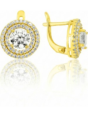 Söğütlü Silver 925 Ayar Gümüş Küpe Altın Kaplama Özel Tasarım Yuvarlak Zirkon Taşlı Klipsli Küpe SGTL13201GOLD