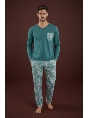 Bie's Yeşil Erkek Desenli Düğmesiz V Yaka %100 Pamuk Mevsimlik Uzun Kol Cepli Pijama Takımı