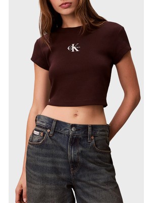 Calvin Klein Fitilli Pamuklu Slim Fit Bisiklet Yaka Crop T Shirt LV047AB8022E8 Bayan T Shirt LV047AB802 2e8