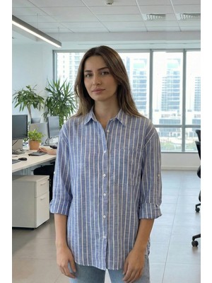 Butiksinope Bengalin 10013 Çizgili Tek Cep Oversize Kadın Pamuk Gömlek Mavi