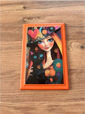 Panda Hediyelik El Yapımı Dekoratif Ahşap Tablo Kedi ve Kadın / 13X21,5